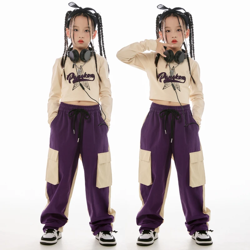 

2023 одежда для современных танцев, укороченные топы для девочек на осень и зиму, фиолетовые брюки-карго, одежда для тренировок в джазовом стиле, детские танцевальные костюмы в стиле хип-хоп, BL11886