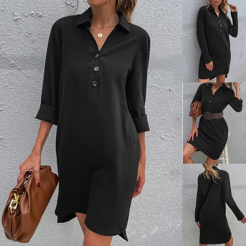 

Женское однобортное платье с лацканами, свободное черное однотонное платье в европейском и американском стиле с длинным рукавом, осень