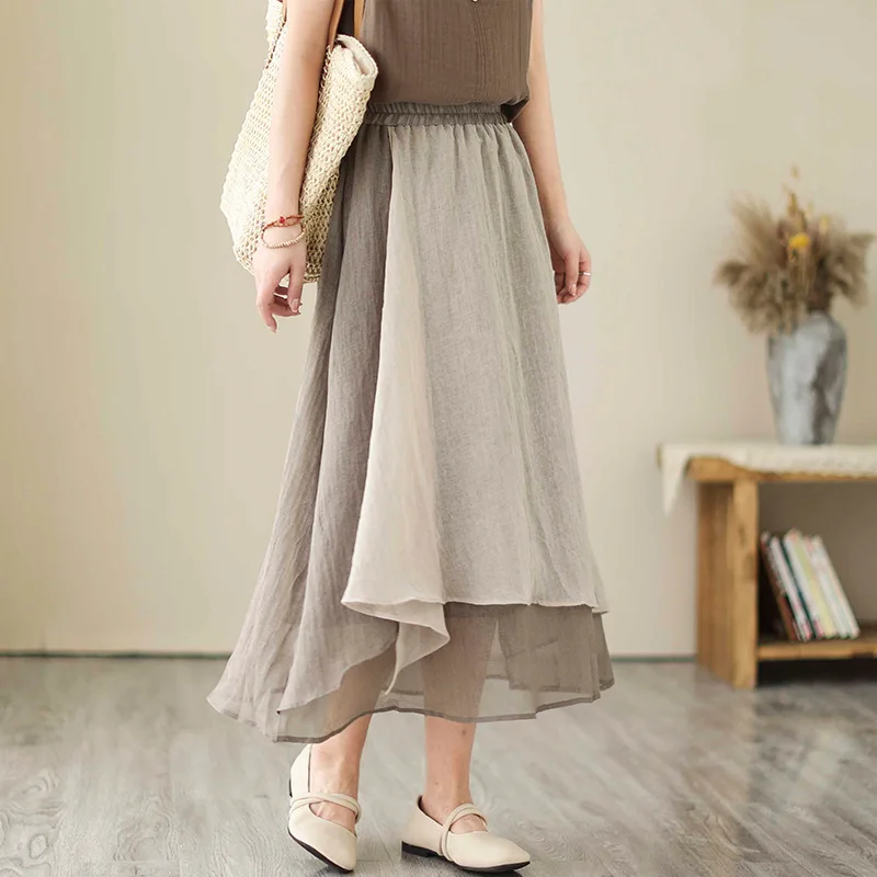 

Spring Summer Irregular Ruffle Linen Blended Mori Girl Skirt Korean Style Grey Harajuku High Waist Midi Length Skirts for Women
