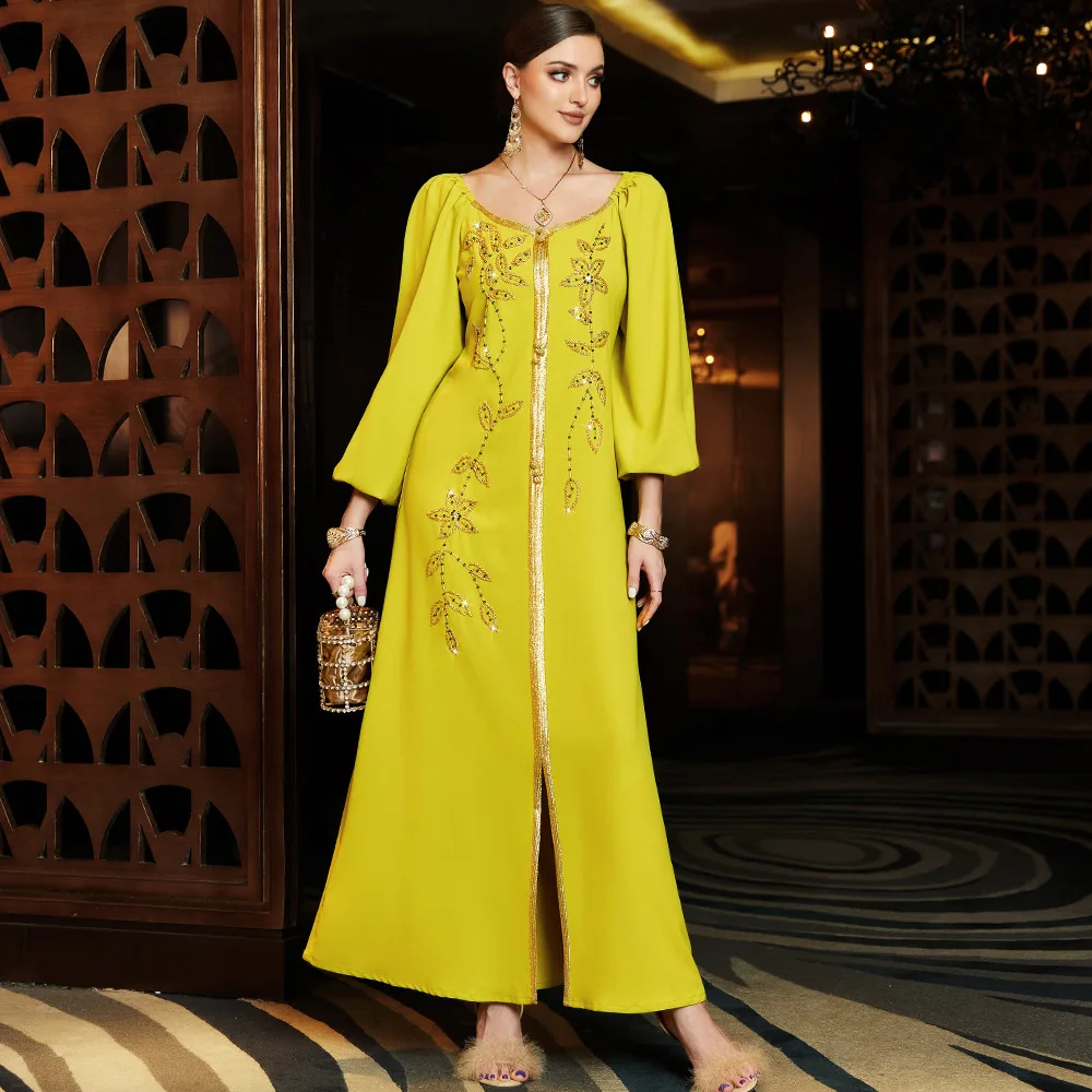 Women's Spring and Summer Muslim New Handmade Diamond Rice Beads Gold Ribbon Luxurious Slim Women's Slim Dress