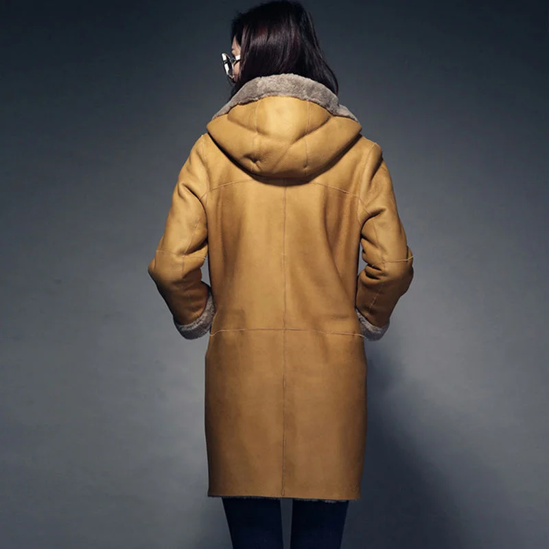 Winter Female 200 kg Hooded PU Leather Women Medium Long Imitation Fur One Coat Fur Shearling Slim Jacket  Women Stitching Coat