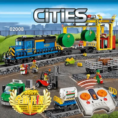959pcs City Motorized Remote Control Cargo Train 02008 Compatible with Legoinglys Model Building Block Boy Brick |