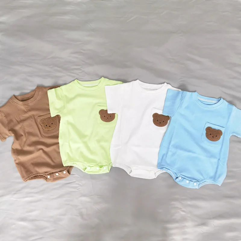 

Toddler Boy Fashion Pocket Bear Short Sleeves Bodysuit Baby Girl Summer Fashion Candy Color Cotton Jumpsuit Girl Outfits