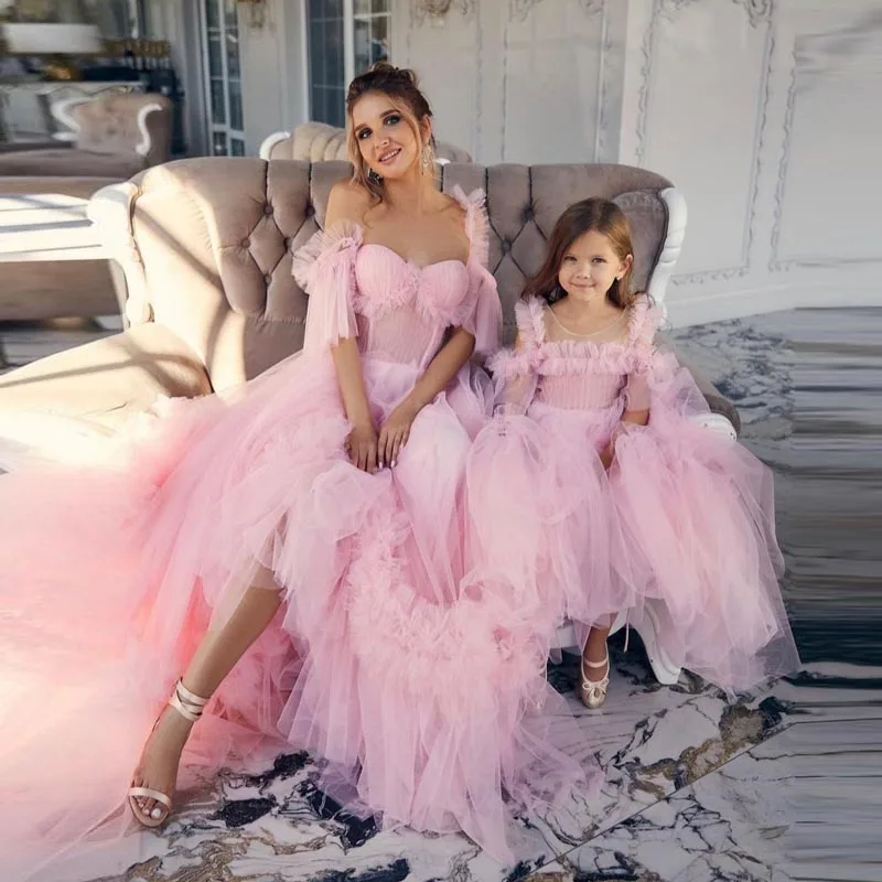 Princess Sweet Pink Hi Low Ruffled Tulle Dresses Mother And Daughter Pleated Puffy Long Birthday Party Dress To Photo Shoot