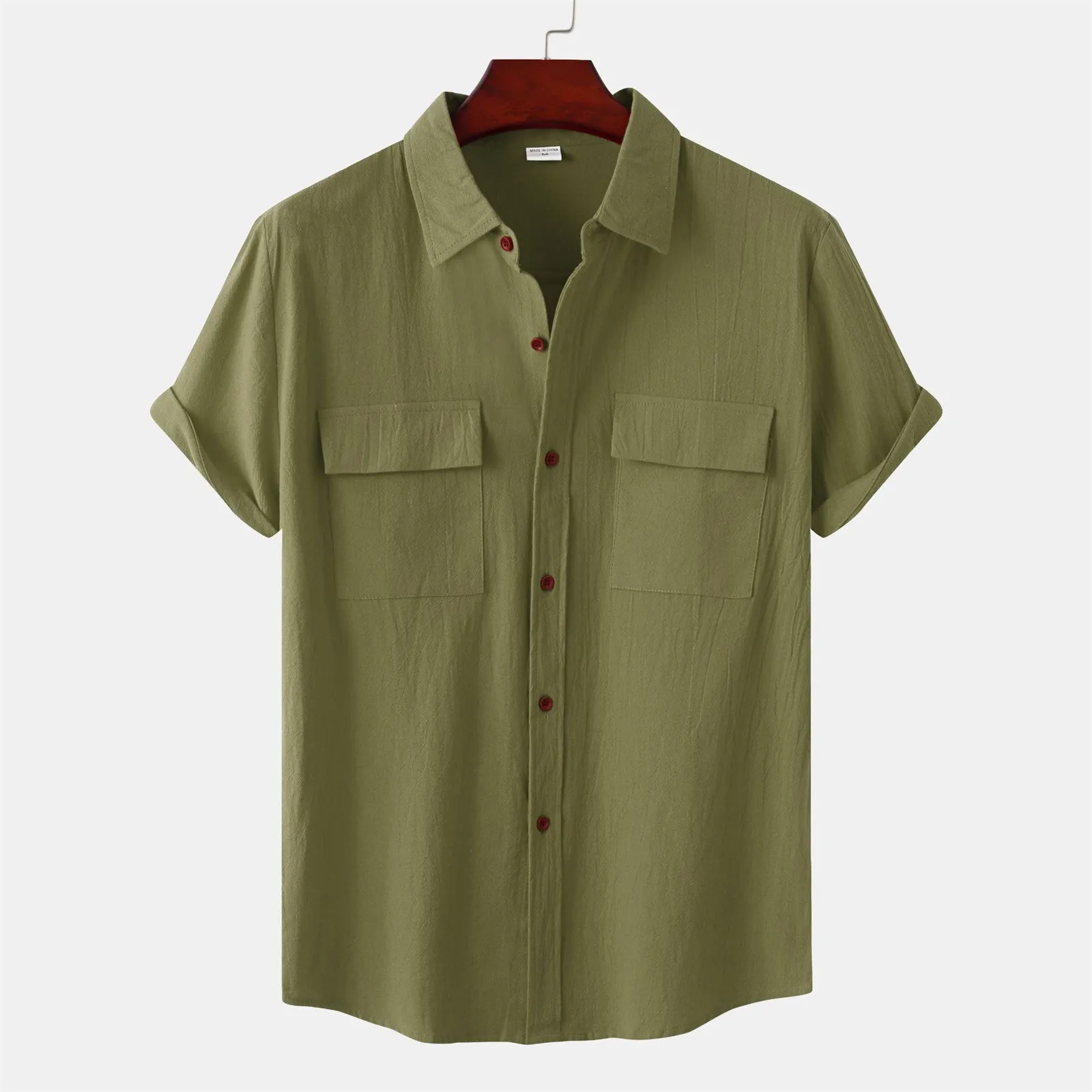 

Male Summer Hawaii Solid Shirt Short Sleeve Double Pocket Turn Down Collar Button Shirt