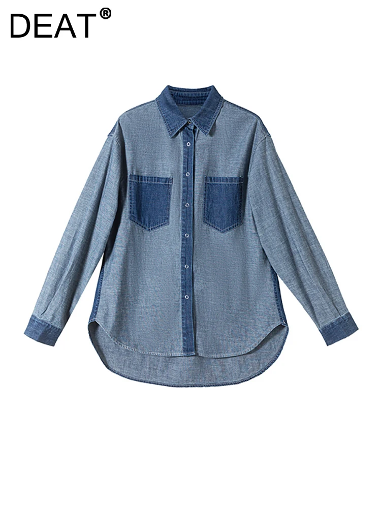 

Женская однобортная рубашка DEAT, свободная винтажная рубашка контрастных цветов с карманами, асимметричная блузка, Новинка осени 2023, 29L2167