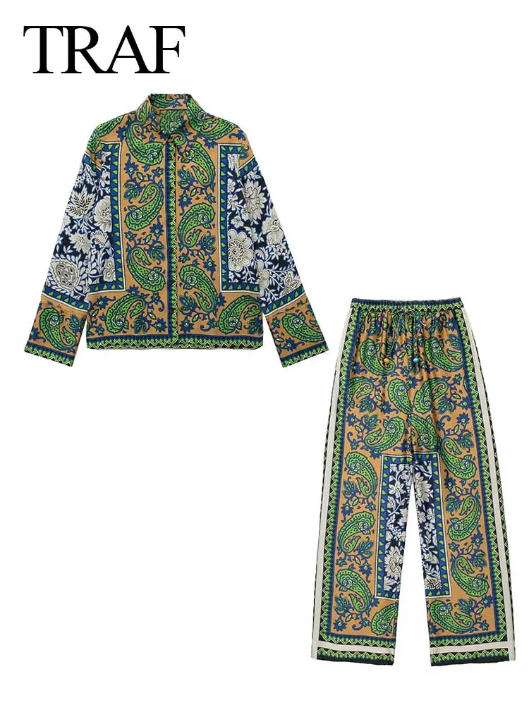 

TRAF ZA 2022 Women's Suit Long Sleeve Shirt + Wide Leg Pants Long Sleeve Chinese Style Classic Floral Print Office Street Suit