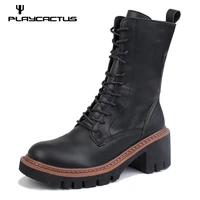 playcactus women platform boots chunky motorcycle genuine leather booties fashion female height flat shoes ladies botas comba