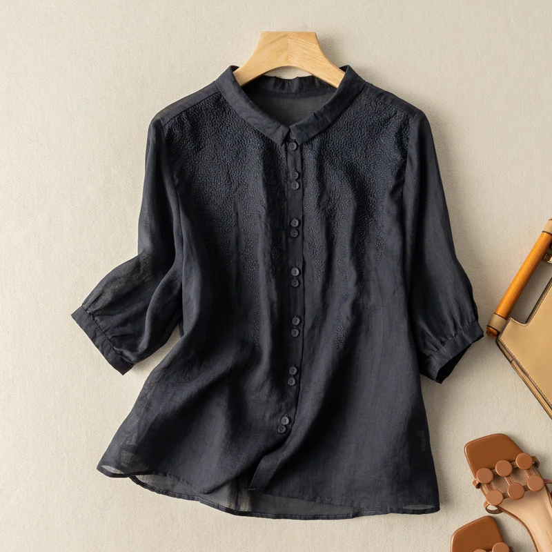 

2023 Summer New Women's Shirts Cotton and Hemp Lantern Sleeves Solid Loose Casual Mid Sleeve Shirt and Blouses for Women