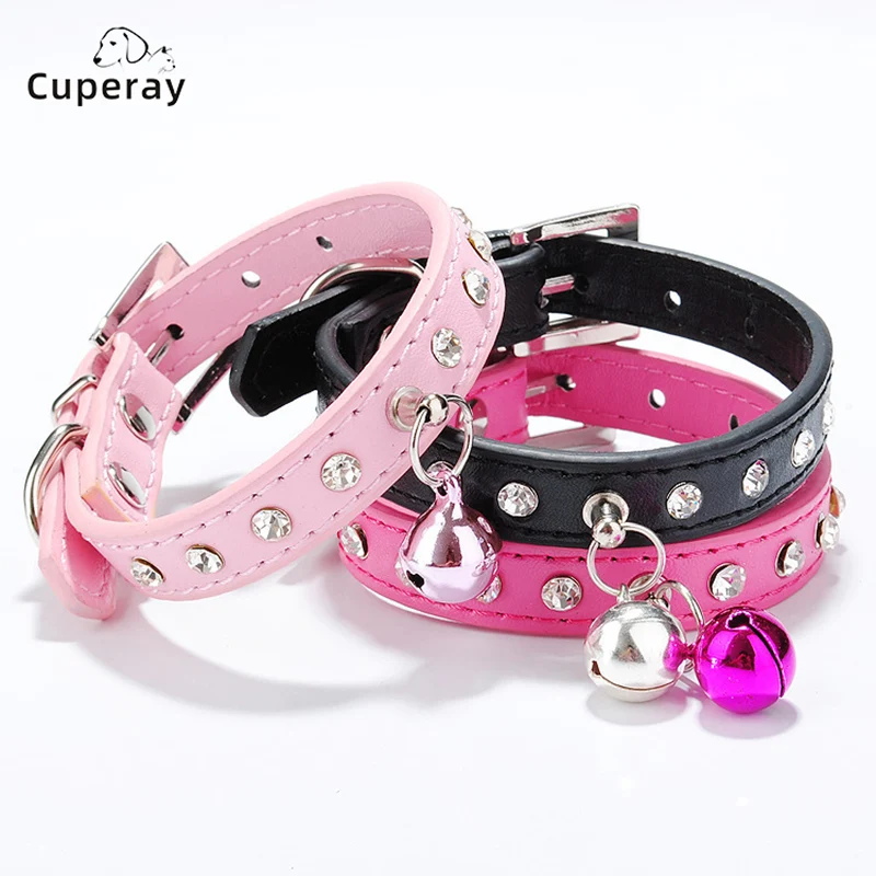 

Leather Dog Collar with Rhinestone Trim Adjustable Cat Collar with Bell To Prevent Getting Lost Suitable for Cats and Puppies