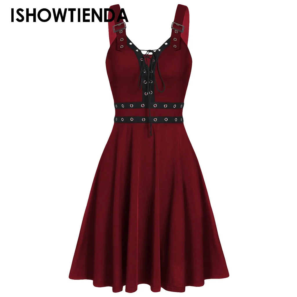 

Halloween Women Cool Solid Bandage Irregular Hem Sleeveless Camisole Mini Dress Dress Women Gothic Punk Spaghetti Strap Backless