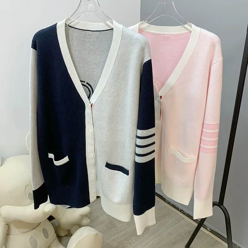 High Quality Korean Style Wool High-end TB Four-bar Dog Stick Figure Jacquard Sweater Color Matching Knit Top Cardigan Female