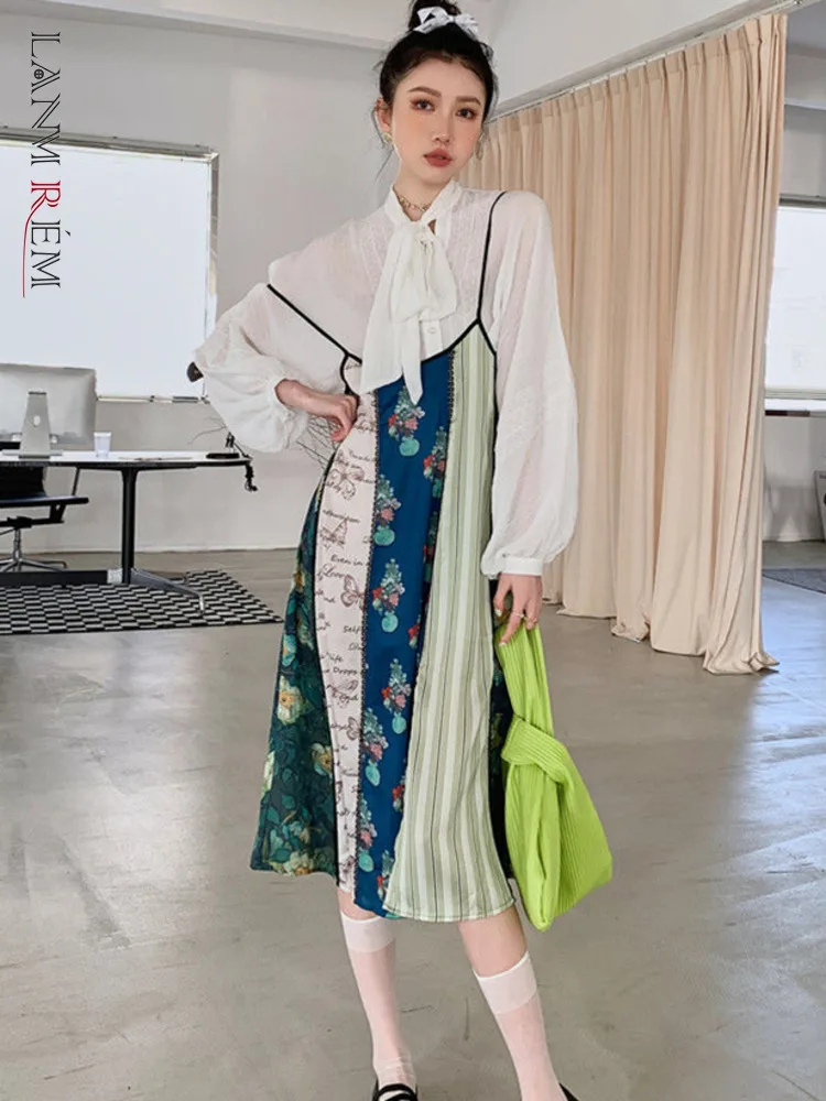 

LANMREM White Bow Shrit For Women French Style Long Lantern Sleeve Single Breasted Loose Lace Tops Fashion 2022 Spring 2N788