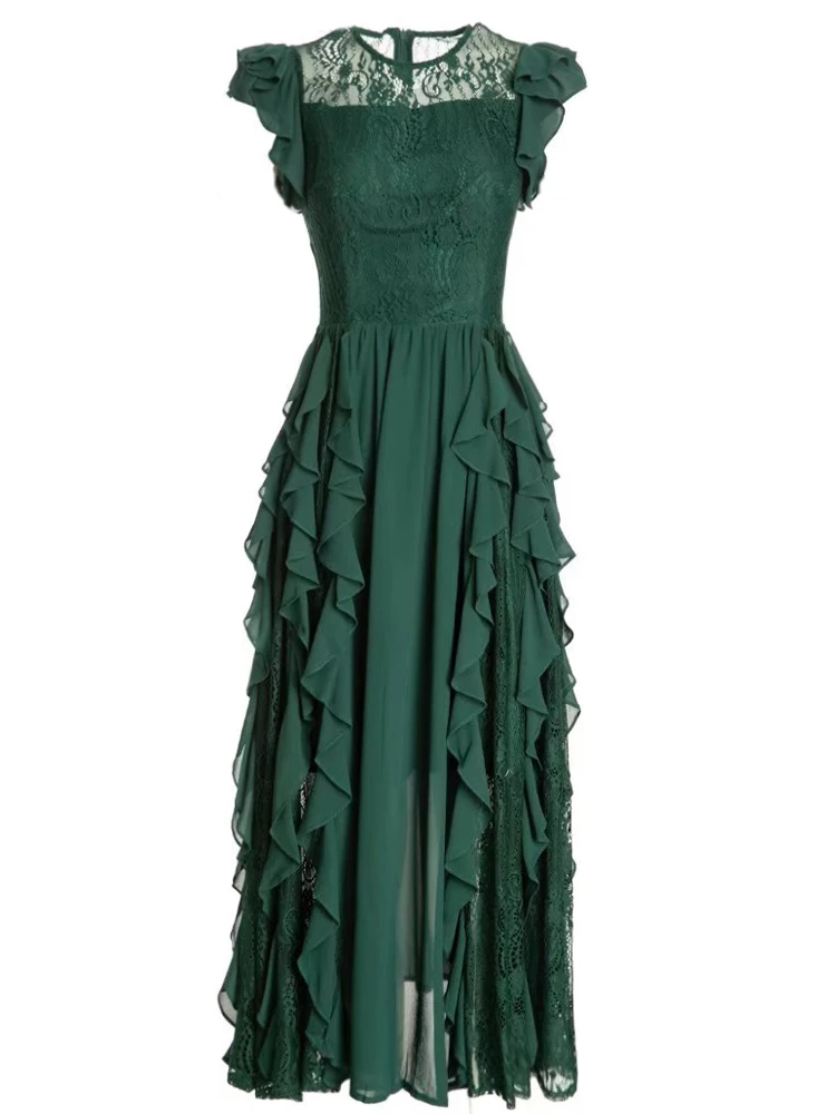 

Designer High Quality Summer New Women's Celebrity Party Fashion Vintage Elegant Leopard Ruffle Lace Patchwork Green Midi Dress