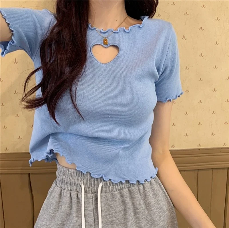

Women Casual O-Neck Short Sleeve Summer Tops Japan Style Chic Loving Heart Hollow Out Knitted T-shirts Female Sweet Cute Tees
