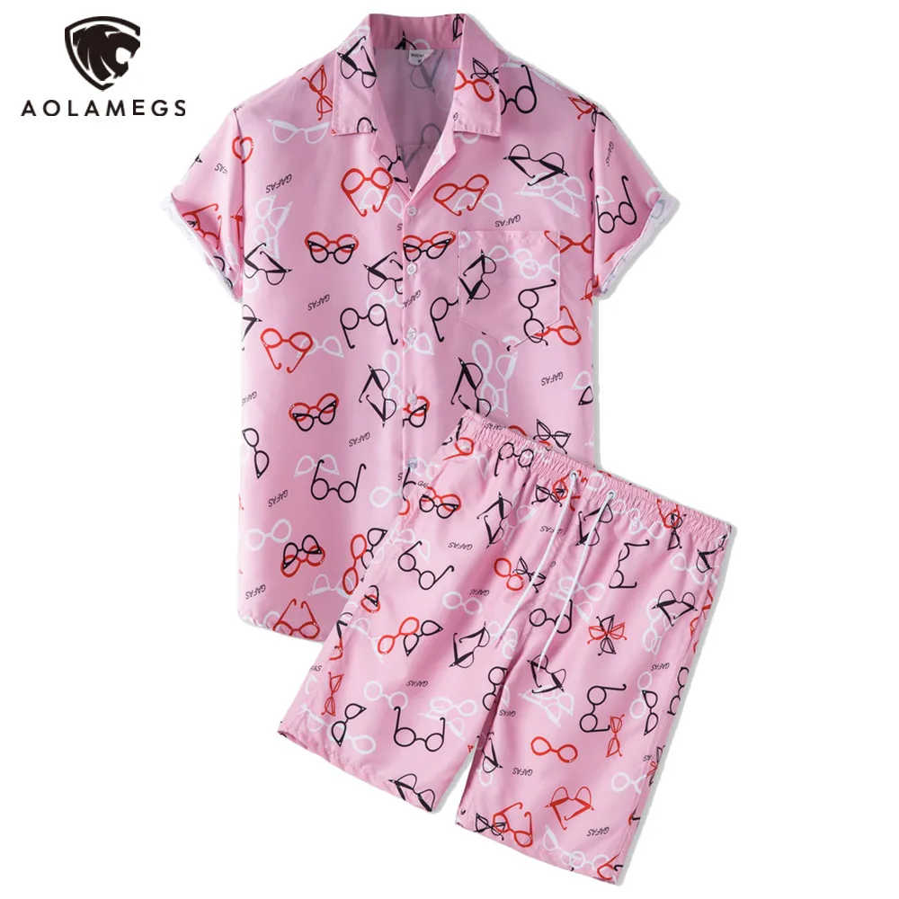 

Комплект Aolamegs мужской с принтом в виде очков, повседневный СВОБОДНЫЙ Модный костюм из шорт и рубашки в стиле хип-хоп, летняя одежда