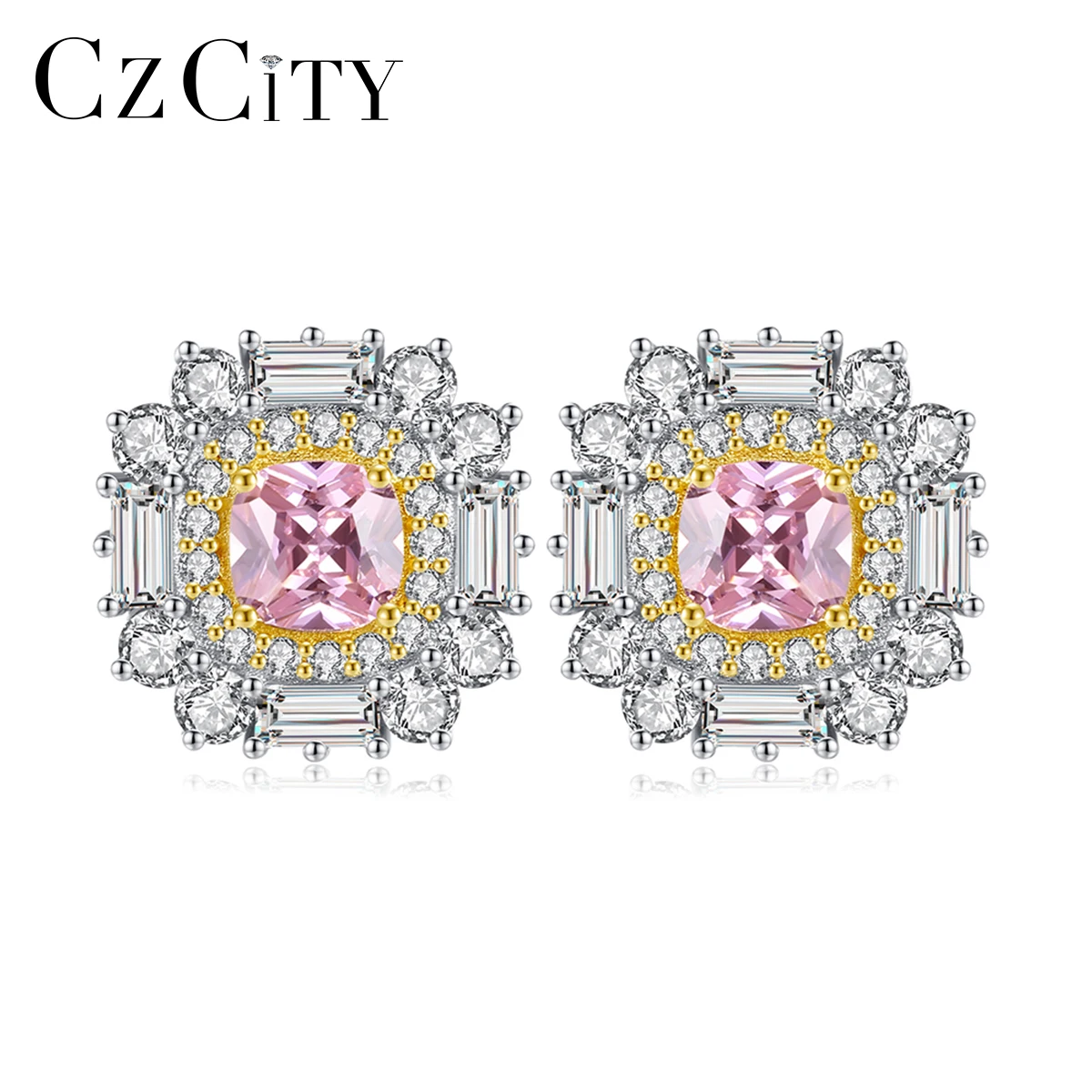 

CZCITY New 925 Sterling Silver Stud Earrings for Women Fine Jewelry Square Topaz Pink Gemstone Wedding Bridal Christmas Gift