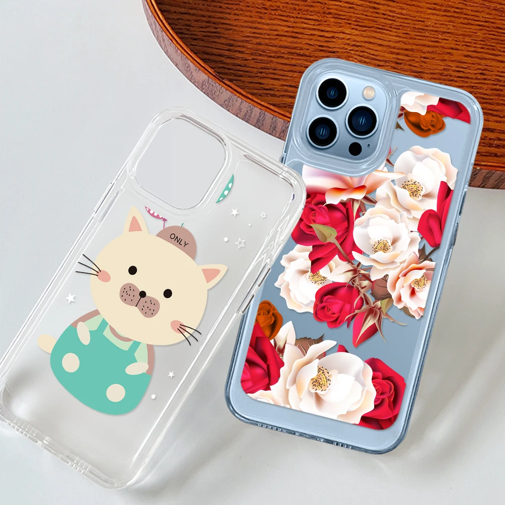 

Clear Shell Phone Case for iPhone 14 13 12 11 Pro Max Mini XS XR X Cute Cat Back Cover for iPhone14ProMax Coque ins Flower Funda