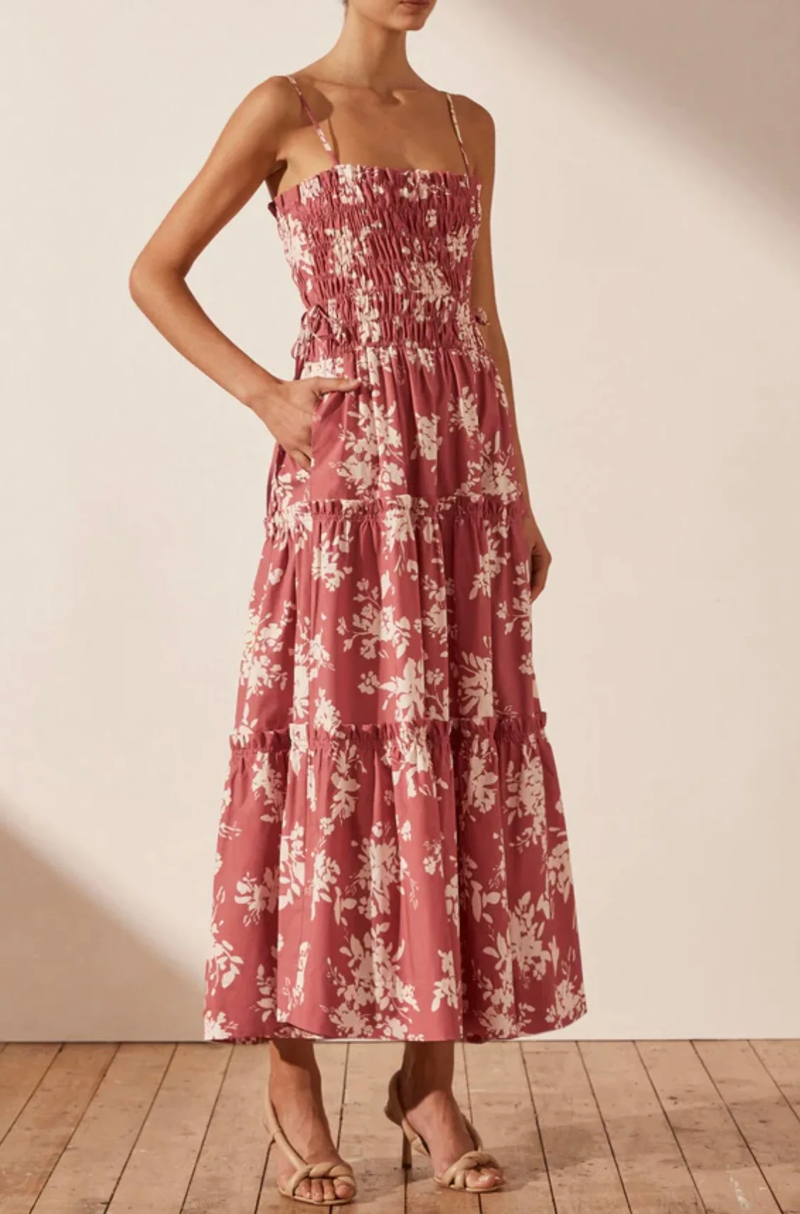 

Women Resort Style Cotton Midi Dress 2023 New Sexy Sling High Elastic Bust and Waist Flower Print long dress