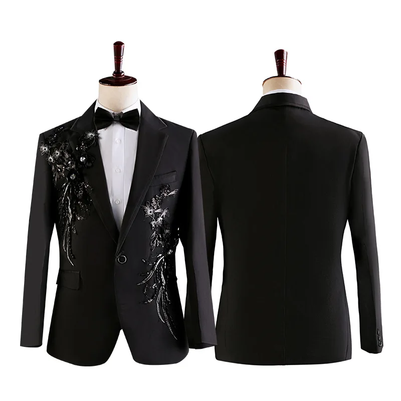 

Floral Sequin Patchwork Mens Black Suit Jacket 2023 Brand One Button Notched Lapel Dress Blazers Men Wedding Party Dinner Tuxedo