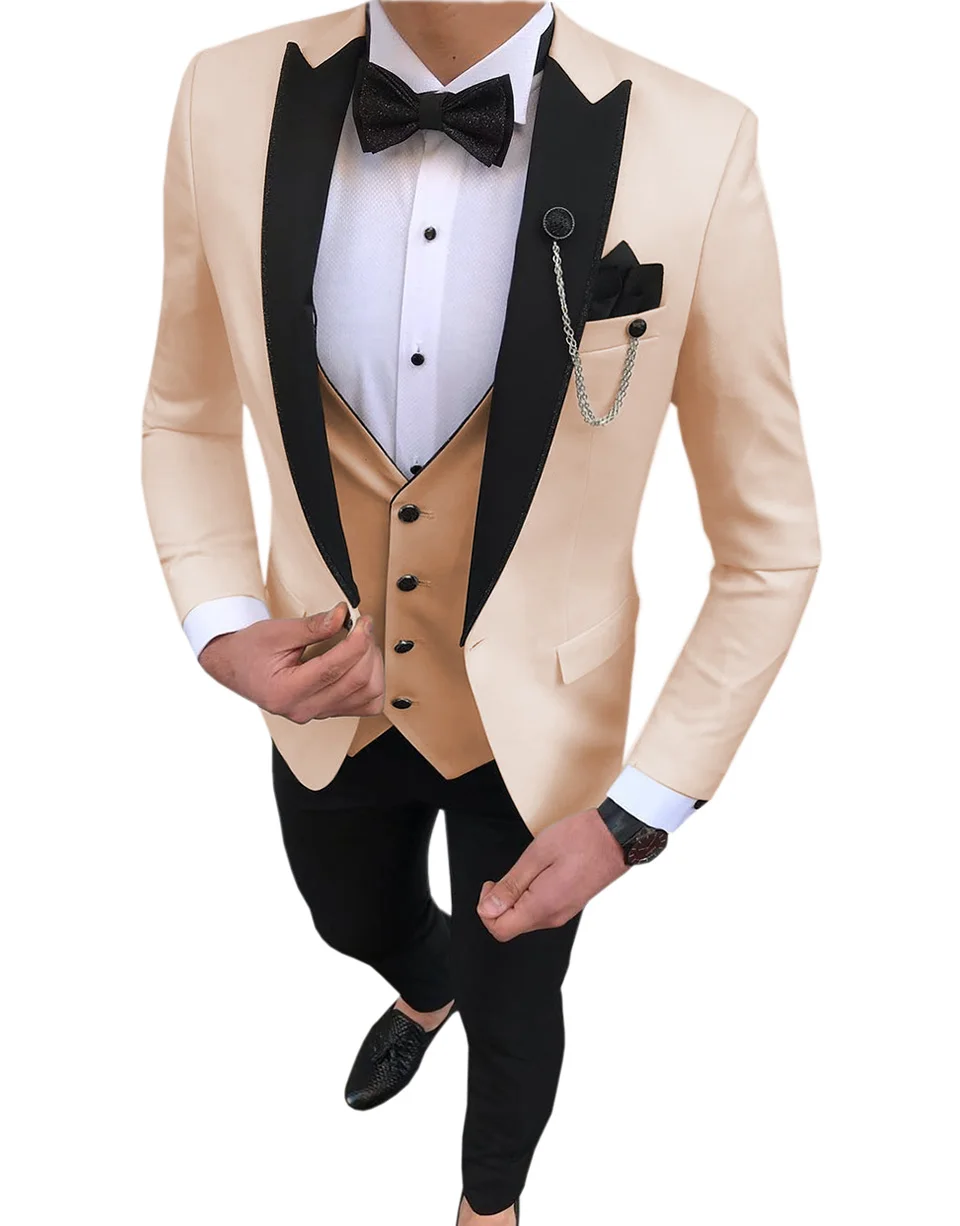 

2022 Beige Men Suit 3 Piece Slim Fit Casual Black Lapel Groom Tuxedos Men Suits for Wedding (Jacket+Vest+Pants) Costume Homme