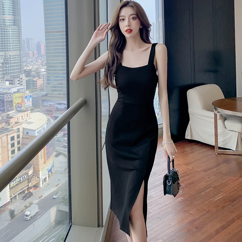 

2022 черное сексуальное платье с высоким разрезом Bightclub на бретельках женское корейское однотонное винтажное вечернее платье миди летнее эле...