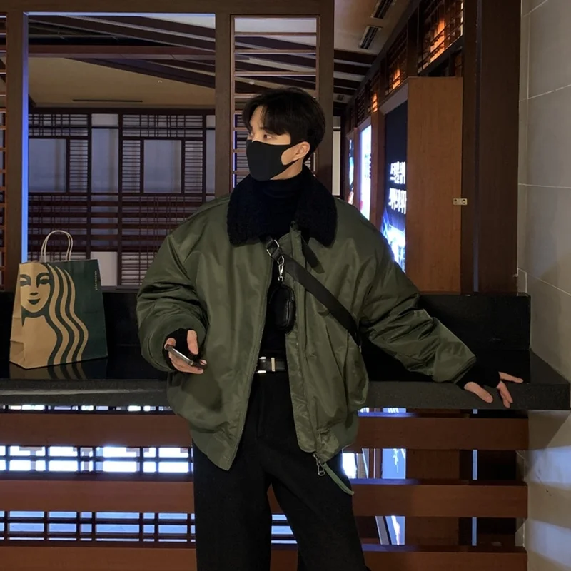 Winter Jacket Men Warm Fashion Green Black Thicken Jacket Men Streetwear Korean Loose Thick Short Coat Mens Parker Clothes M-2XL