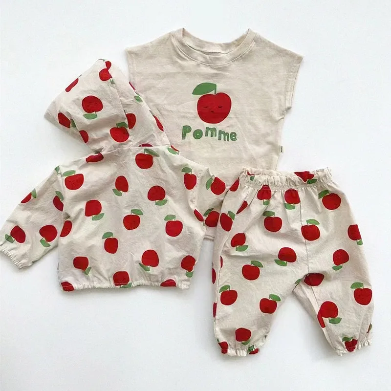 

2023 Summer Thin Boy Girl Baby Cartoon Bear Hooded Jacket Children Apple Print Long Sleeve Tops Kid Cotton Fashion Loose Coats