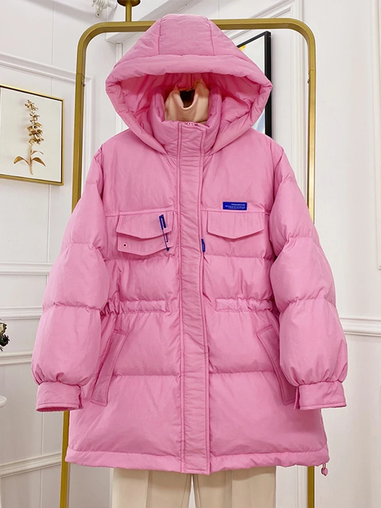 FTLZZ Winter Women Thick Warm White Duck Down Coat Female Casual Loose Hooded Drawstring Zipper Button Jacket Solid Parkas Coat