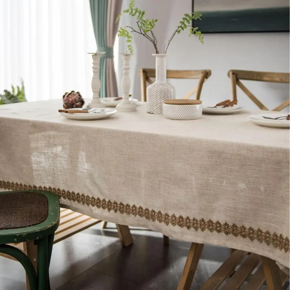 

Table Cloth Linen Tablecloth with Hemp Rope Twine Lace Decoration Rectangle Dining Table Cover for Holiday American Style