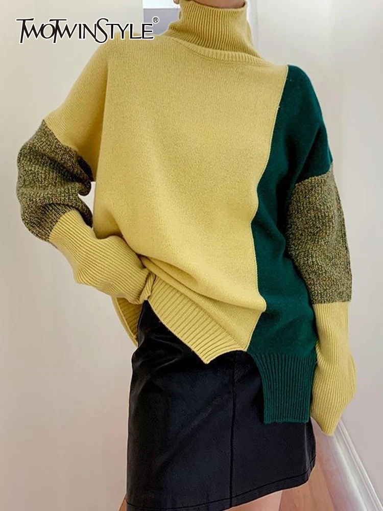 

TWOTWINSTYLE Hit Color Sweater For Women Turtleneck Long Sleeve Causal Loose Knitting Pullover Sweater Female Fashion Clothing