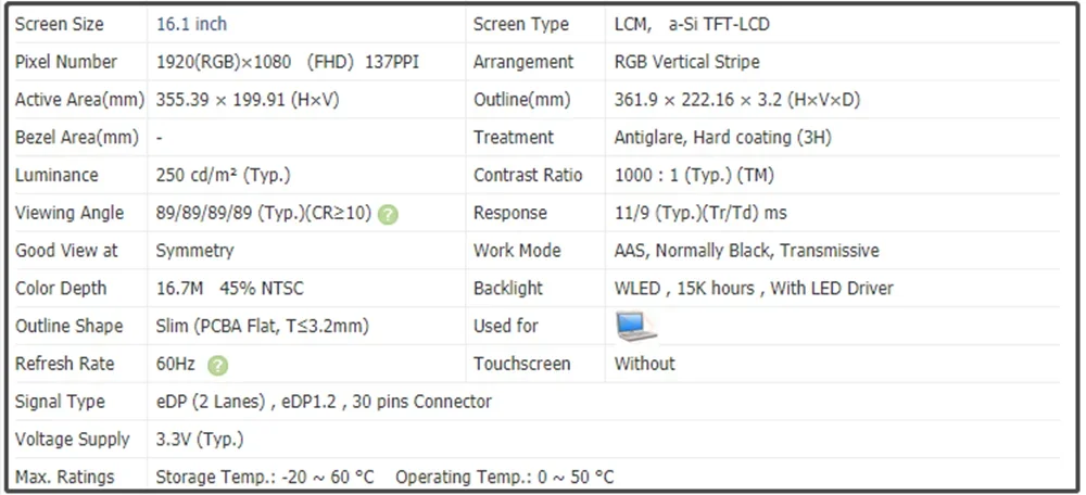 Écran LCD LED 16,1 Pouces Full HD 1920x1080 - Compatible Modèles N161HCA-EAC, NV161FHM-N41, Etc. - Neuf Avec Garantie 6 Mois