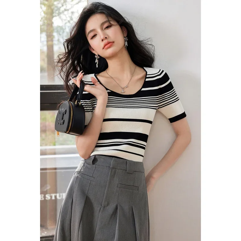 Футболка женская облегающая с круглым вырезом шикарный топ в французском стиле