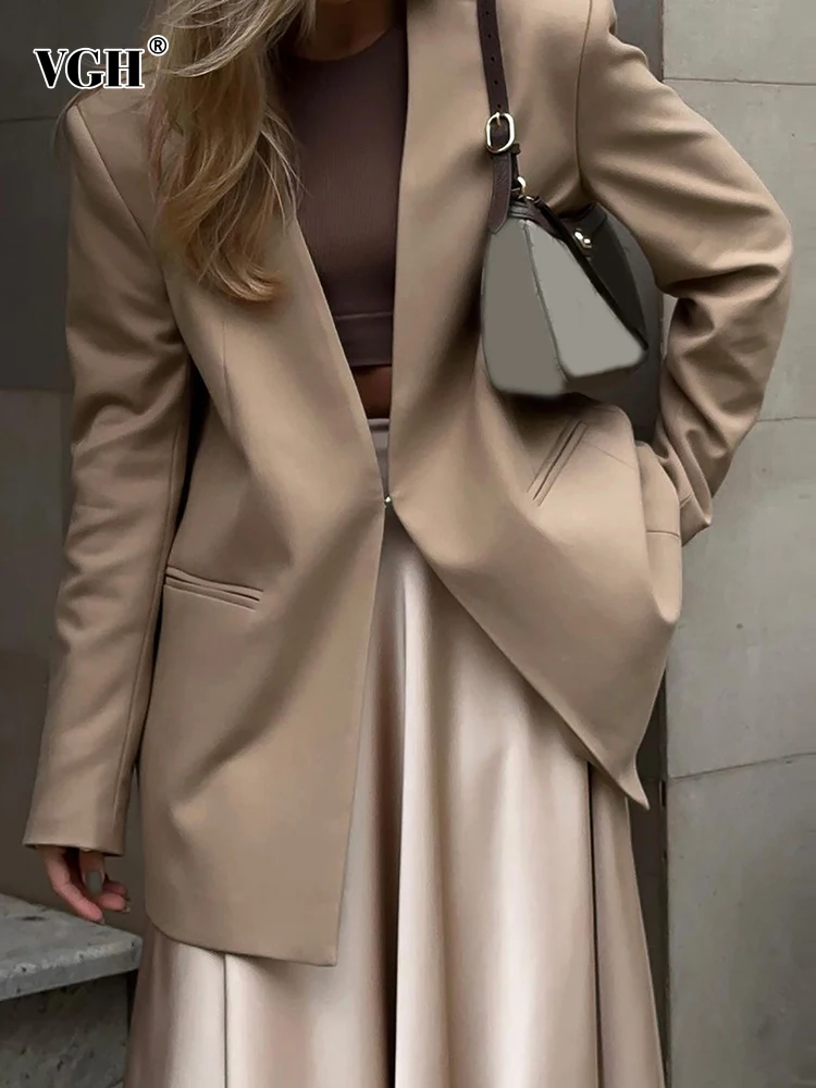 

VGH Spliced Pockets Blazer For Women V Neck Long Sleeve High Waist Solid Slim Blazers Female Summer Fashion Clothes Style New