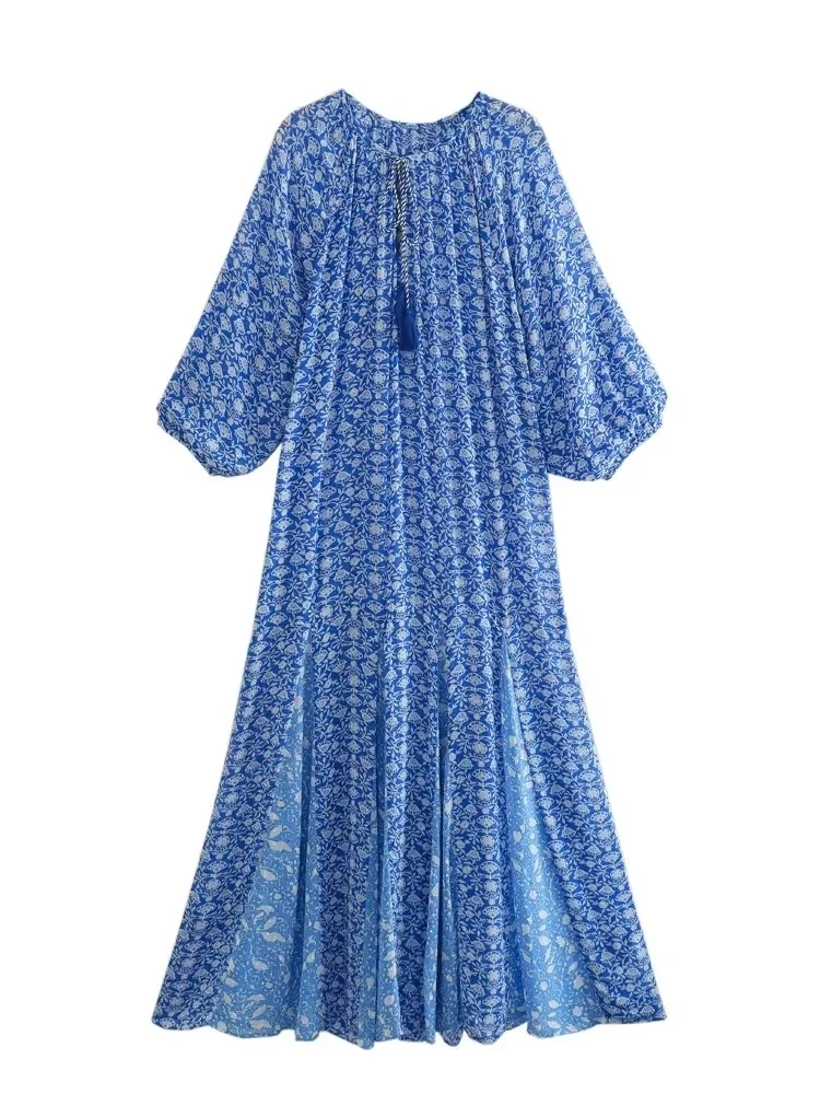 

TRAF 2023 summer new women's blue printed dress fashion floral long-sleeved loose elegant temperament long skirt