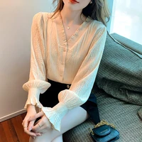 apricot puff sleeve women shirt spring summer retro texture long puff sleeve v neck v neck female top blouse fungus dropshipping