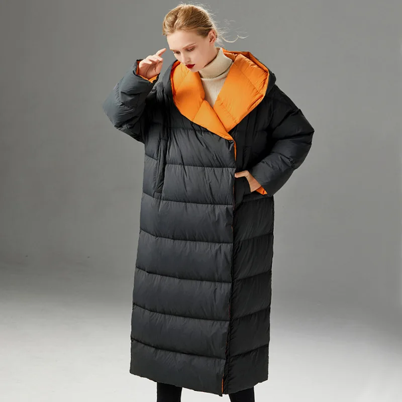 

Women's 2022 Down jacket Women's medium length hooded 90 white eiderdown space down jacket