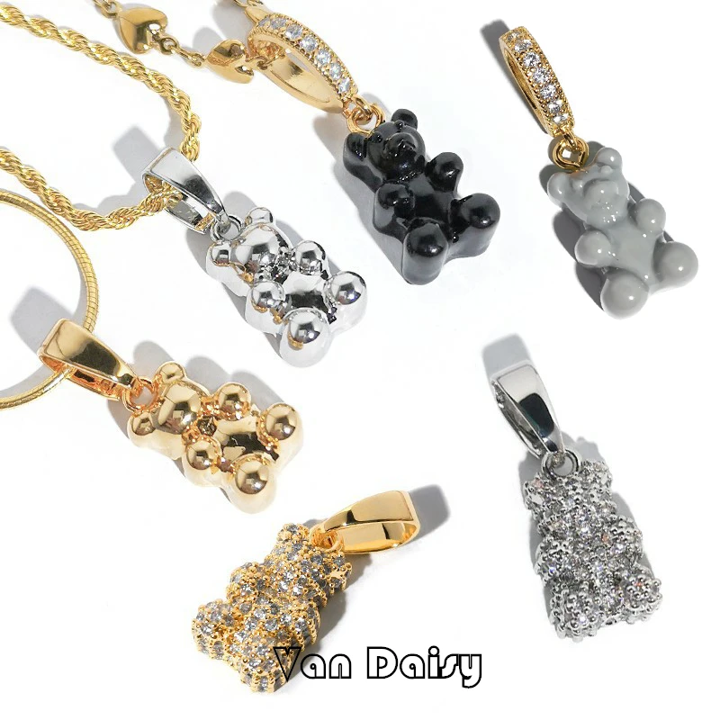Van Daisy Colorful Cute Resin Clear Bear Rhinestones Pendant Necklace for Women Men Gold Plated Hip Hop Collars Bear Jewelry