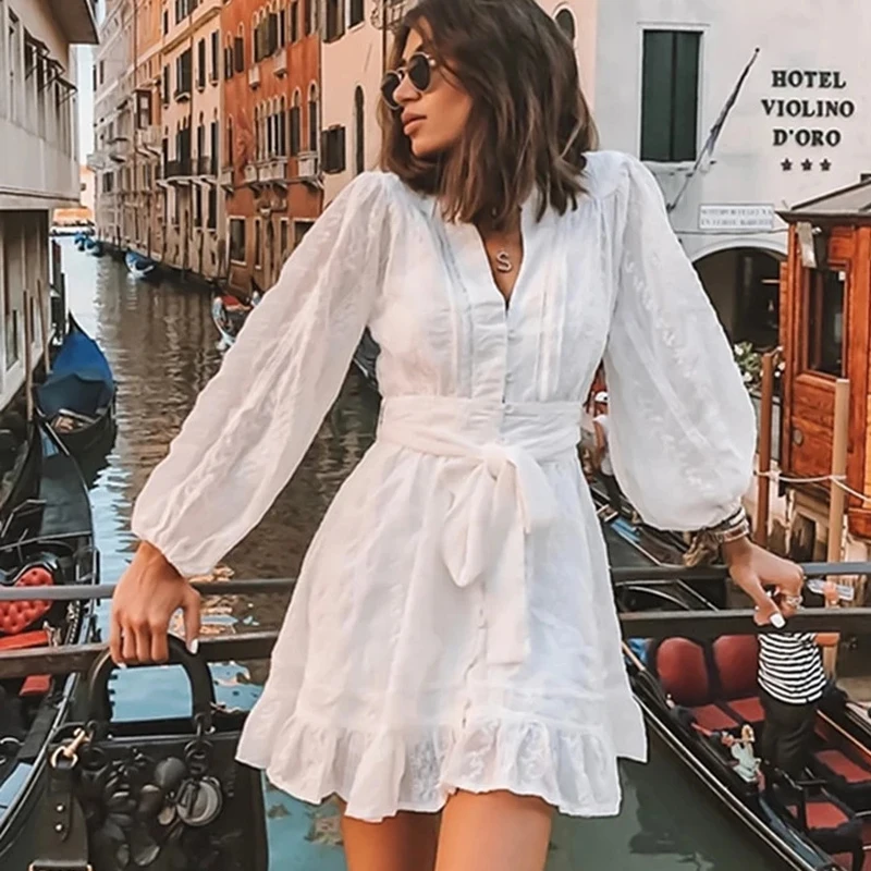 

Women's Summer Autumn Dress Ladies Fashion Embroidered Hollow Lace Wrapped Strap One-Sleeve Pleated Lace Dress