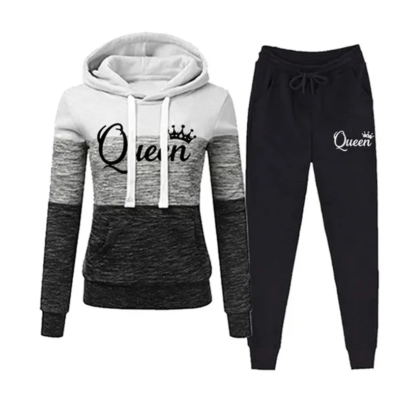 Women Tracksuit Queen Printed Patchwork Hoodies and Sweatpants 2 Pieces Set Spring Autumn Fashion Casual Female Suit