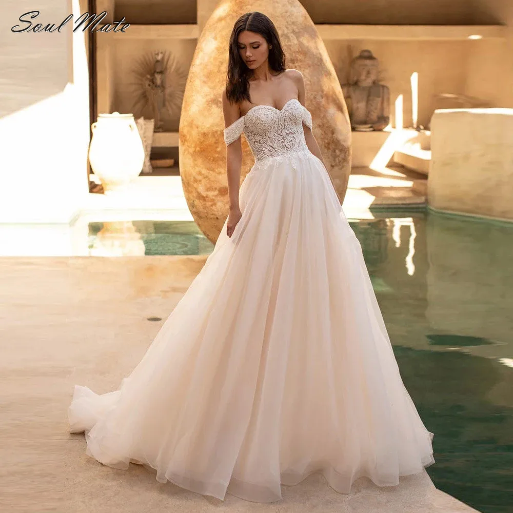 

Boho Tulle A Line Wedding Dresses For Women Off Shoulder Sweetheart Elegant Lace Appliques Vintage Bridal Gown Vestidos De Novia