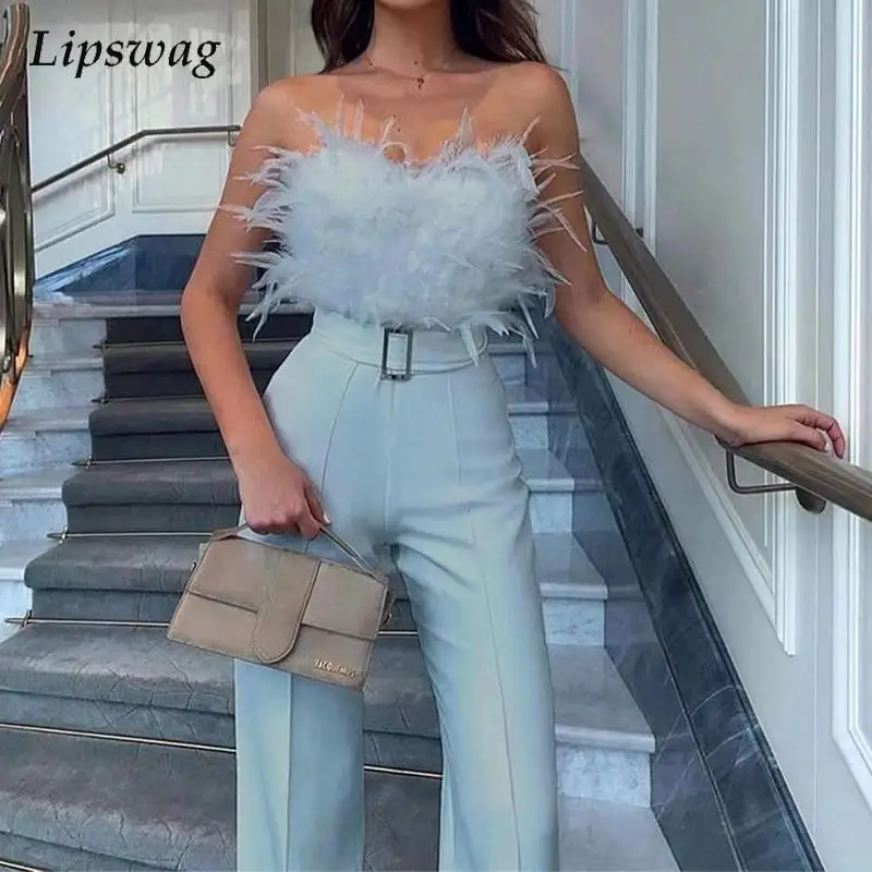 

Elegant Solid Feather Strapless Jumpsuit Spring Women Sexy Sleeveless Party Romper Overalls Lady New Casual High Waist Playsuits