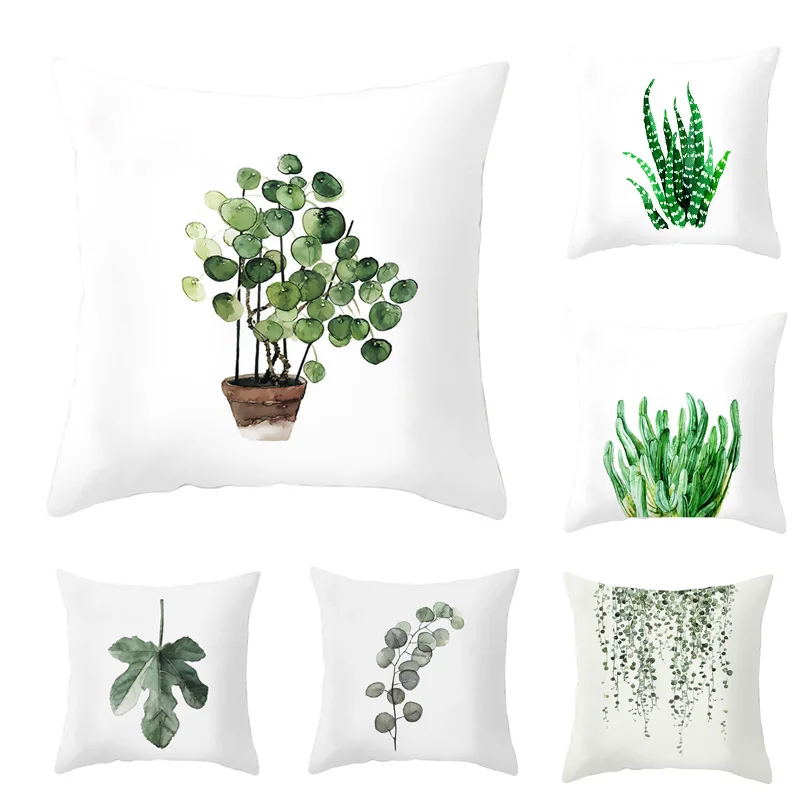 

2022 New Arrival Green Leaves Cushion Cover Modern Summer Tropical Pillowcase Mandala Decoration White Pillows Home Sofa Covers