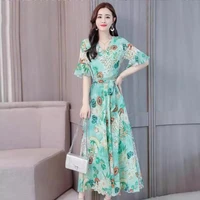 green print a line casual dress high wasit split belt v neck korean dress short sleeve maxi dresses for women summer 2020 cheap