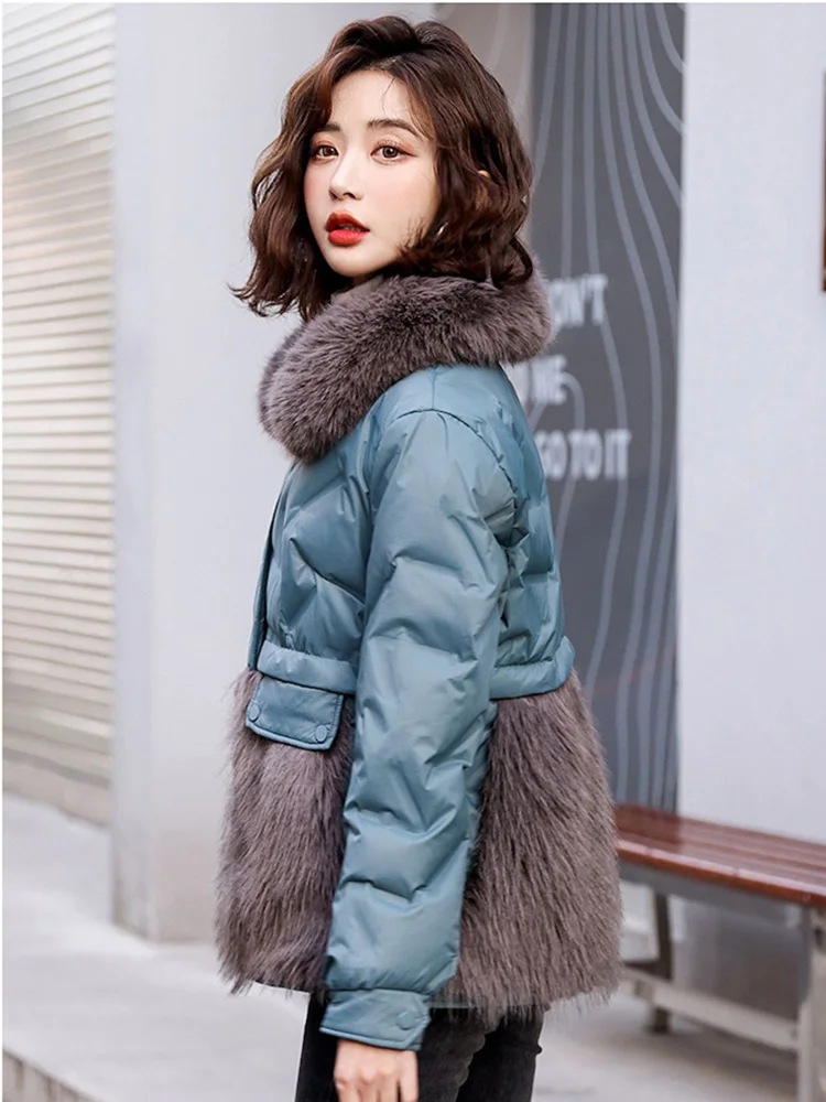 New Women Down Jacket Winter Casual Fashion Turn-down Collar Faux Fur Splicing White Duck Down Coat Thick Warm Outerwear Female