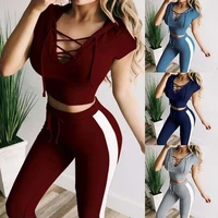 women casual sports suit crop top yoga fitness leggings sports hooded pants ladies two piece
