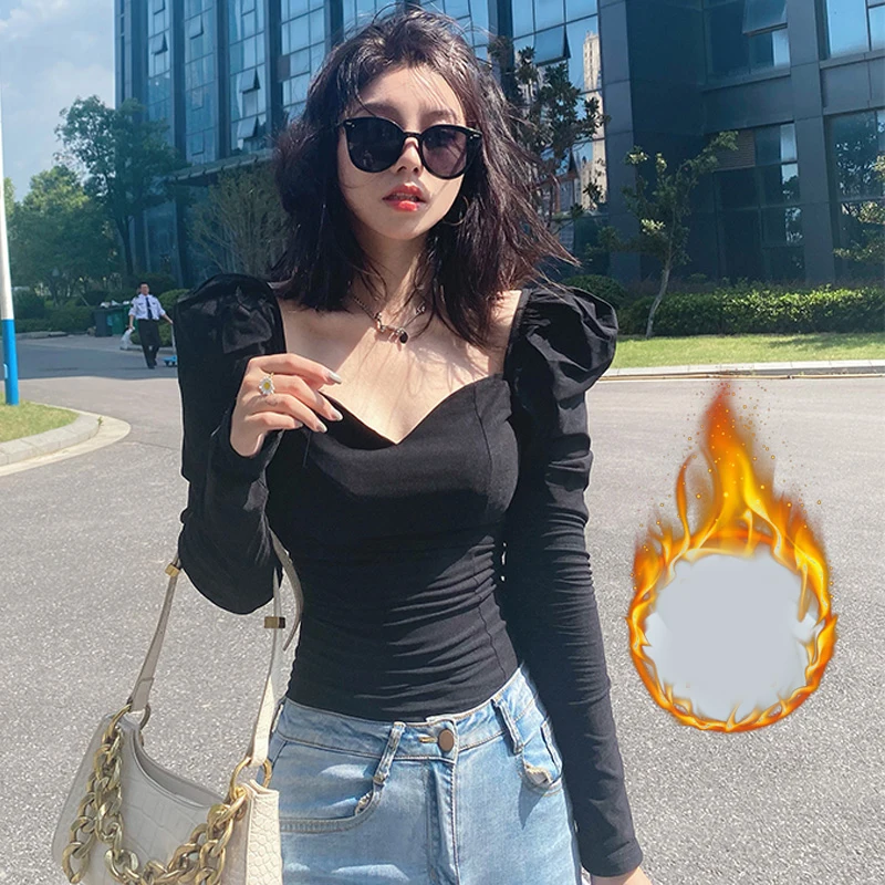 

French Autumn Fabric Velvet T-shirt Winter Solid Vintage New Women T Shirts Puff Sleeve Square Neck Sexy Slim Crop Top Warm