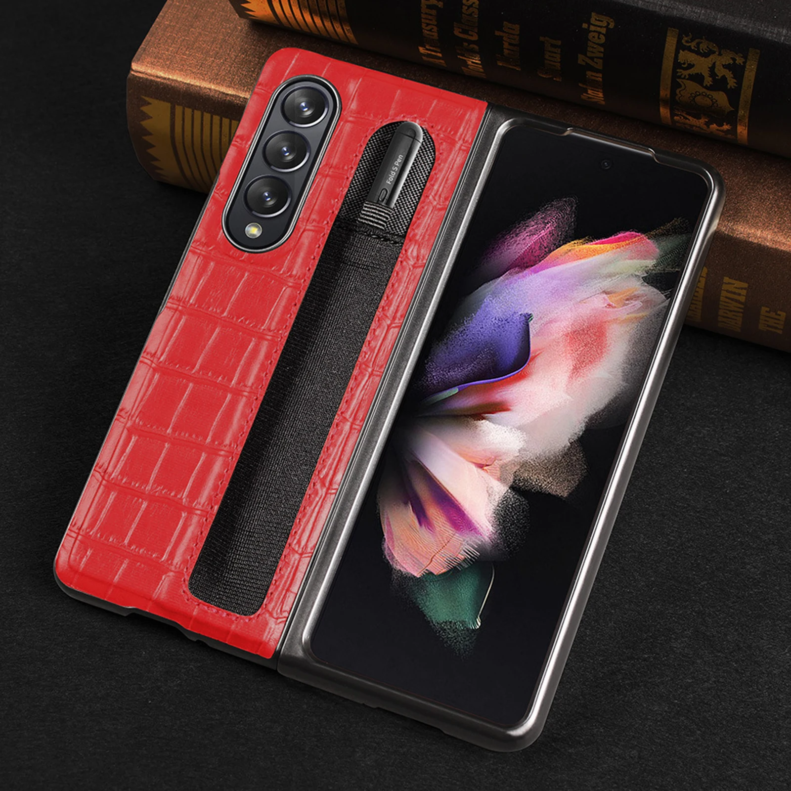 

Кожаный чехол с крокодиловым рисунком для Samsung Galaxy Z, складной чехол с 3 отделениями для ручек, деловой противоударный чехол с защитой от цара...