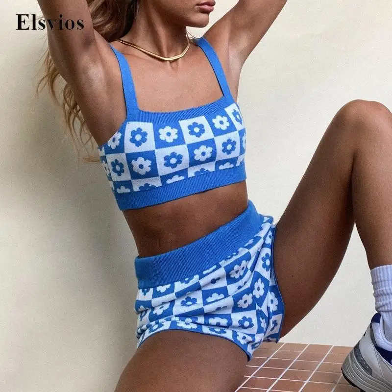 

Fashion Flower Jacquard Knit Set Women Sexy Sleeveless Tank Tops And High Waist Shorts Outfits Tracksuit Casual Lady Sport Suit