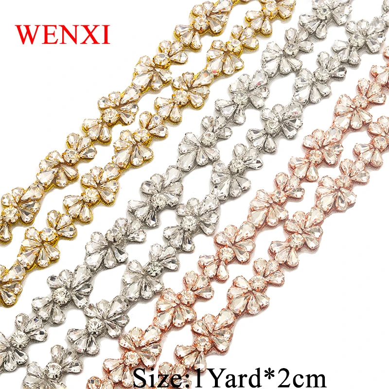 

WENXI 1YARD Handmade Rose Gold Crystal Rhinestone Applique Trim Sewing On For Wedding Dress Belt DIY Bridal Sash WX808